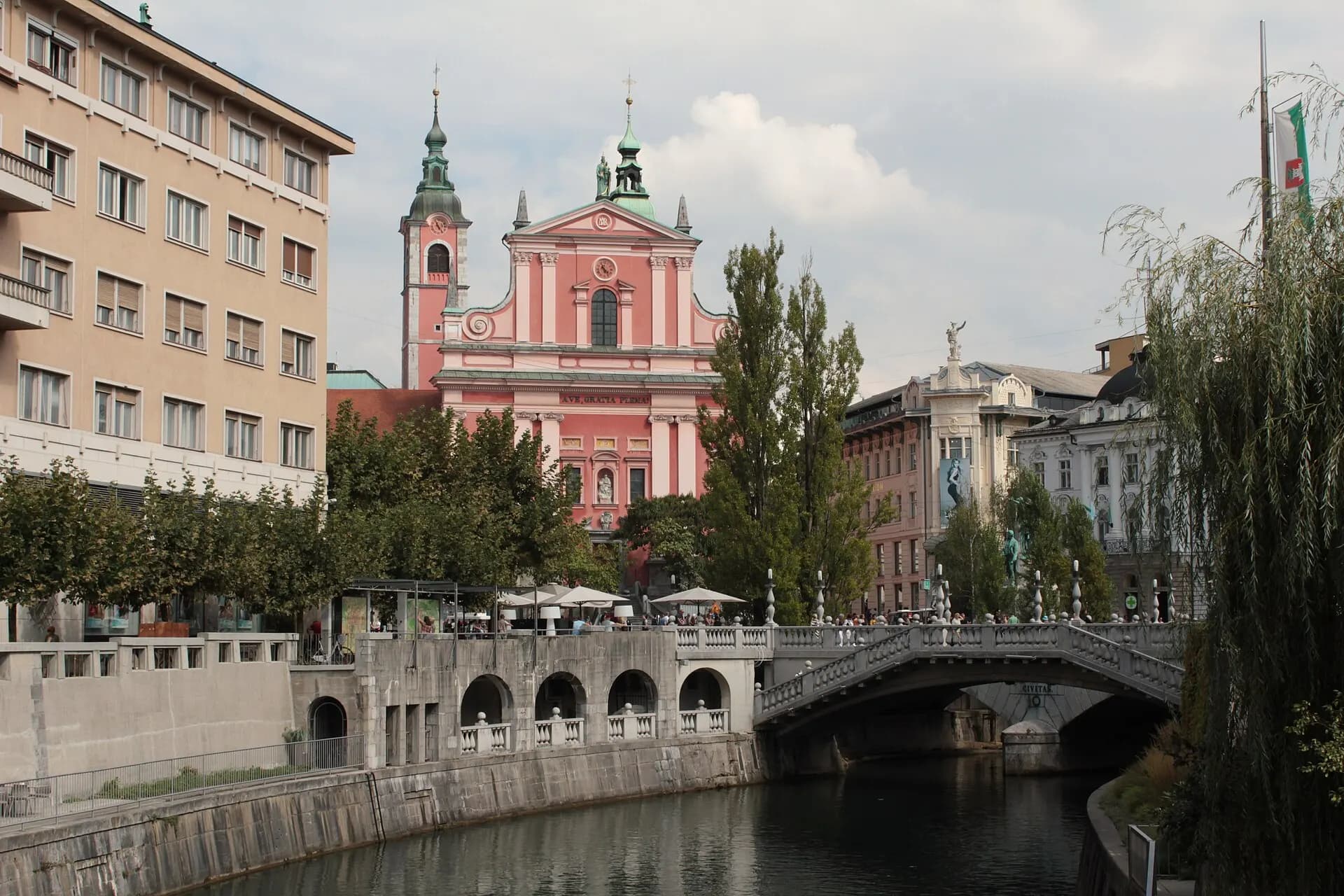 Triple Bridge and Preseren Square fron the Ljubljanica