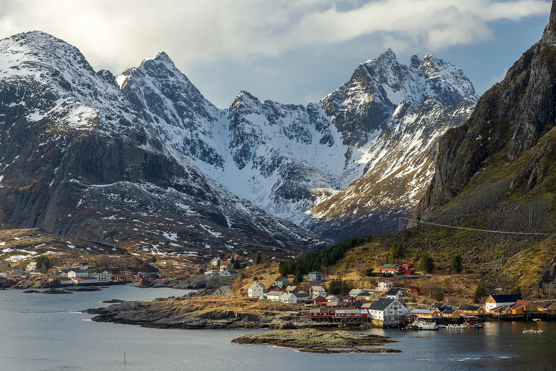 Tind and Å i Lofoten villages and Mannen and Gjerdtindan mountains, Moskenes, Nordland, Norway, 2017 April