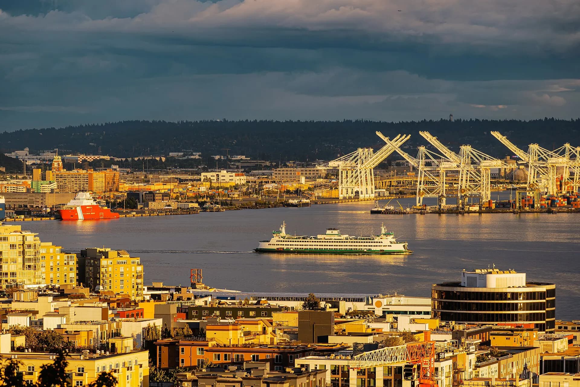 Washington State Ferry with Port of Seattle cranes from Kerry Park, June 2026