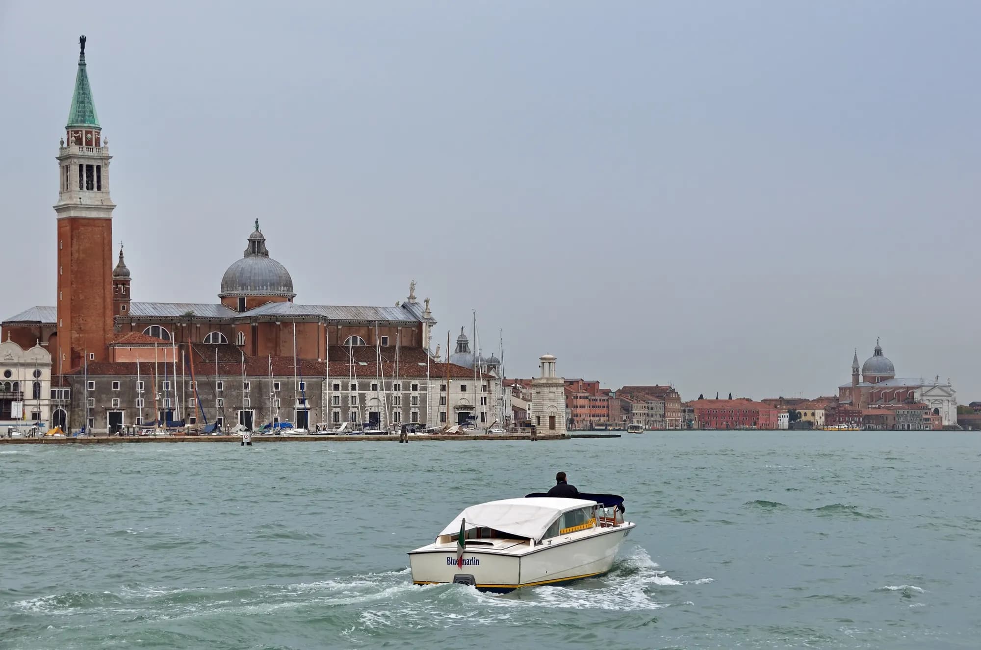 Boat, Church of San Giorgio Maggiore and Basilica del Redentore. Venice